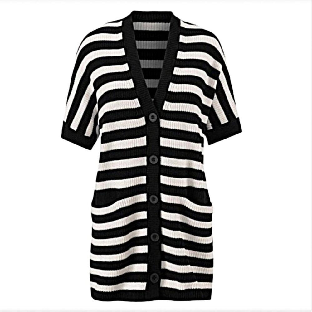 Cabi Whistle Striped Longline Short-Sleeve Cardigan XL with Pockets